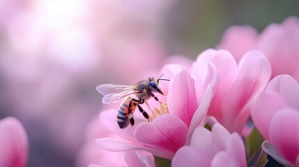 Close-Up of Honeybee Pollinating Pink Blossom in Spring Garden