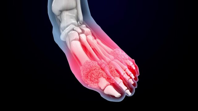 Gout,growth of crystals in toe joints,Painful gouty inflammation of the big toe joint, tophaceous gout is the most severe form of gout. 3d animation.
