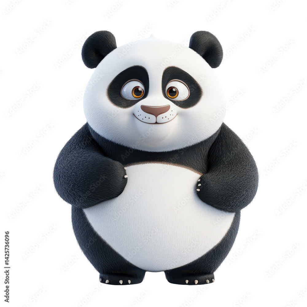 Poster cute cartoon panda character standing and smiling with a friendly expression in a light background