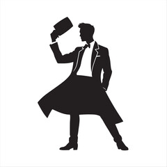 Modern flat design silhouette a man's pose in classic black and white, on a white background. Simple, two-dimensional shapes create a timeless and elegant image.eps