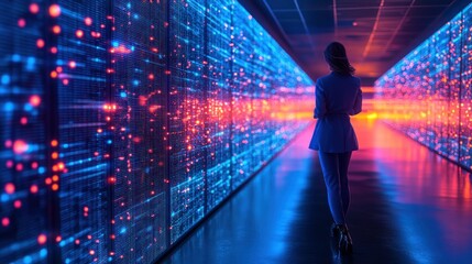 Futuristic server room with woman walking
