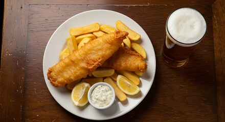 Crispy fish and chips with pint of beer on a rustic wooden table, top view