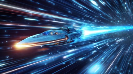 A futuristic spaceship traveling at warp speed through a luminous tunnel