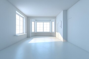 Obraz premium Clean Empty White Room Interior with Windows and Sunlight Streaming Across Floor