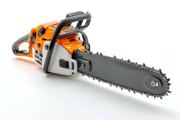 Detailed Orange And White Chainsaw With Black Blade On A Clean White Surface