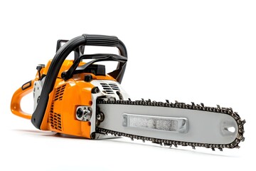 Orange and Silver Chainsaw Isolated on White Background, Heavy Duty Tool