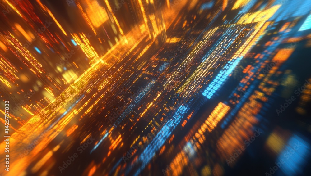 Poster abstract digital network with glowing lines and geometric shapes in orange and blue.
