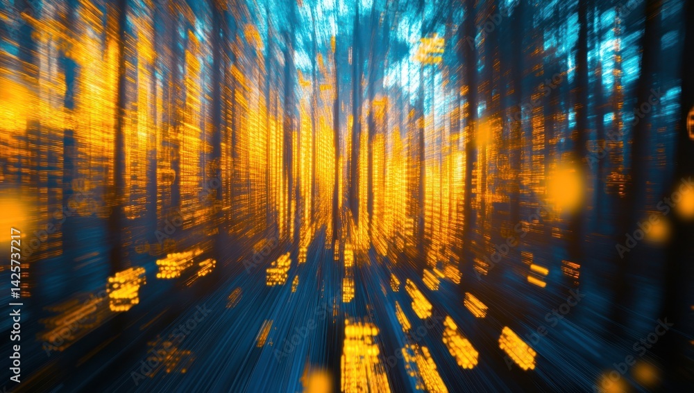 Poster abstract forest scene with blurred motion effect showing trees and light.