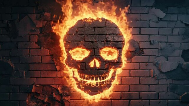 A striking fiery skull design on a weathered brick wall, symbolizing danger and intensity in street art.
