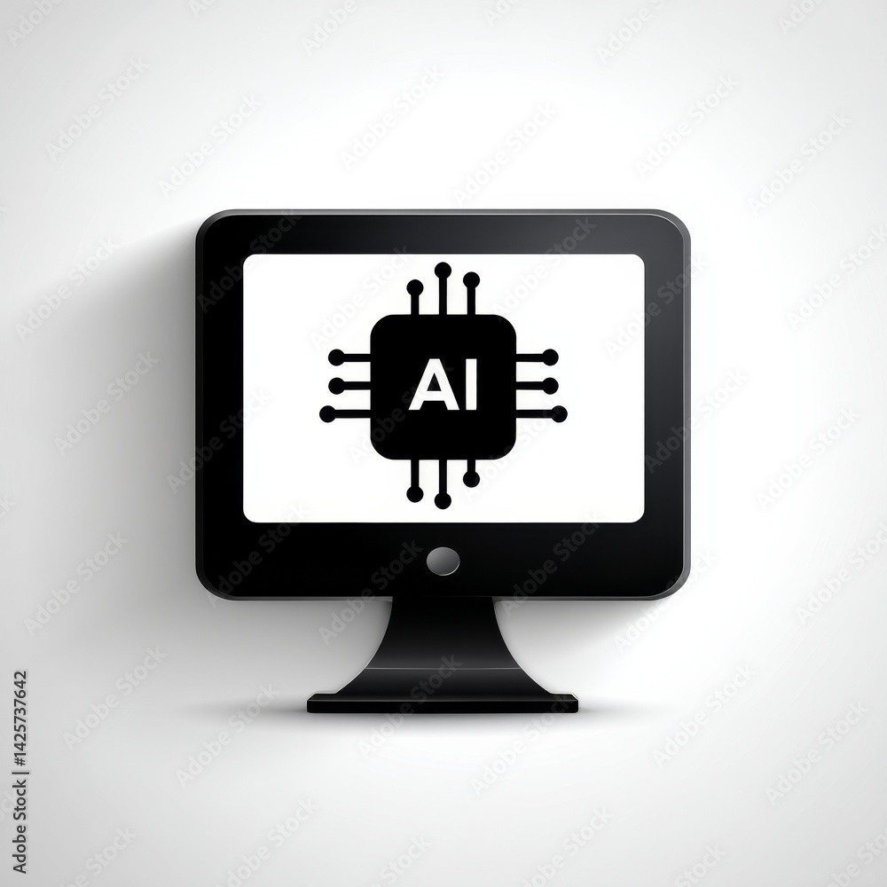 Fototapete artificial intelligence concept: black monitor displaying an ai chip icon on a white background