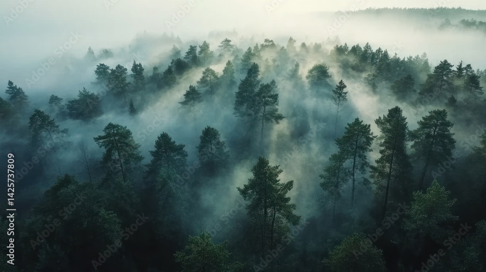 Poster forest landscape with trees and fog creating a misty atmosphere.