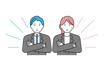 腕組みをするスーツを着た若い男性と女性のイラスト