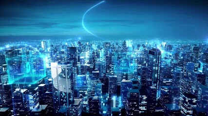 Digital communications 5G lights up the city,Digital city concept.Artificial Intelligence technology in smart city,holographic image. CG background.3d animation. - Powered by Adobe