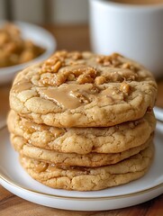 Stacked cookies on plate, coffee in background