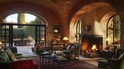 Naklejka premium Cozy living room with fireplace, arched windows, and garden view.