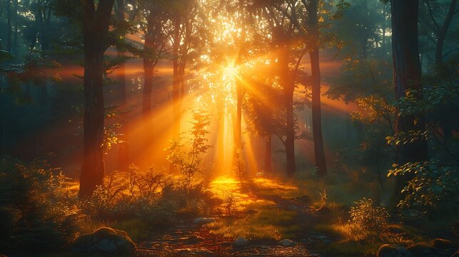 **Sunset Through Forest Trees With Glowing Golden Beams Of Light And Soft Shadows On The Forest Floor, Emotional Natural Vibe --Ar 16:9 --S 940 --V 6.0 --Style Raw** - @Darya (Relaxed)