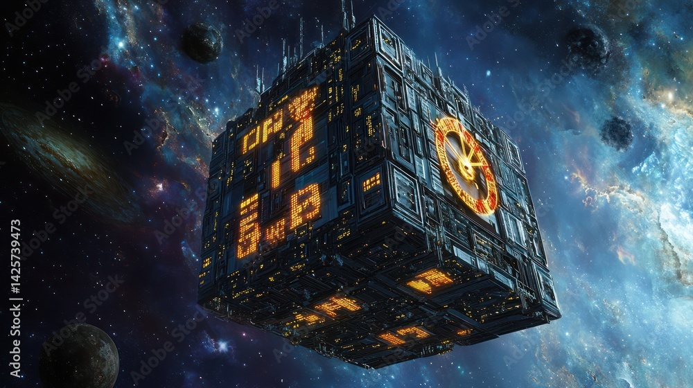Wall mural a giant futuristic cubic structure floating in deep space