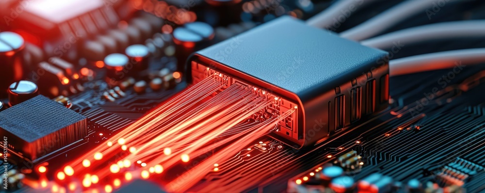 Poster lights of glowing fiber optic cables with macro soft focusing concept. close-up of a circuit board w