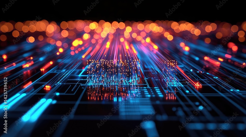 Poster lights of glowing fiber optic cables with macro soft focusing concept. abstract digital circuitry wi