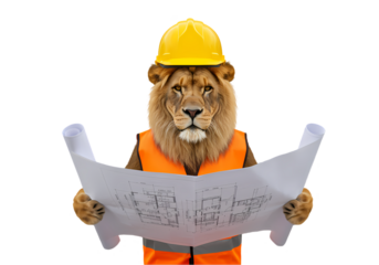 Lion Construction Worker: Funny Animal Blueprint Image on Transparent  background