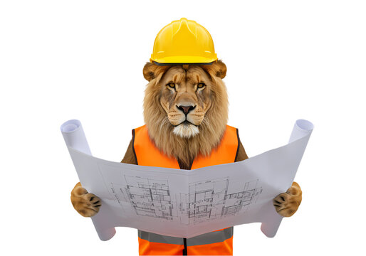 Lion Construction Worker: Funny Animal Blueprint Image on Transparent  background
