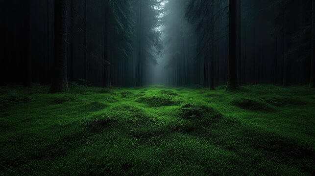Misty forest path, vibrant green moss carpet