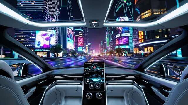 Neon city with advanced cockpit, futuristic transport merges autopilot, screens, futuristic transport redefine urban commute, futuristic transport shapes tomorrow. Concept high-tech mobility