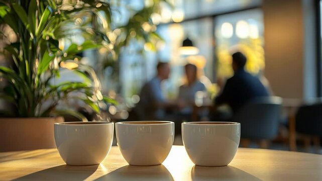 Three cups of coffee on a table in a cafe with blurred people in background