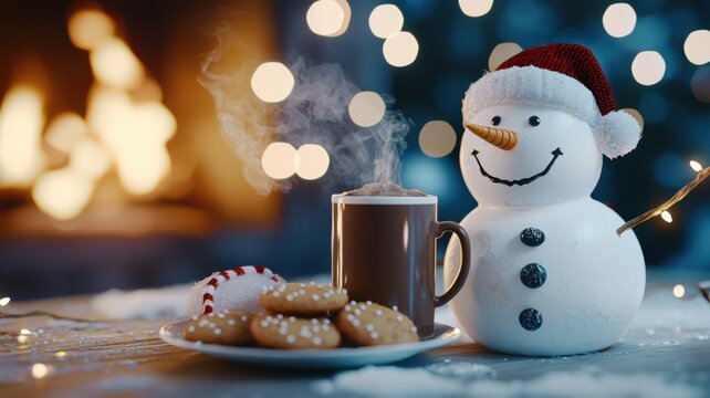 Steaming cup of hot chocolate and cookies with a smiling snowman in front of a cozy fireplace, creating a warm christmas atmosphere