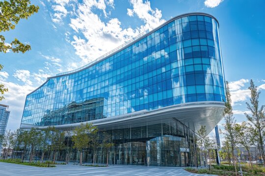 Modern glass building with curved design and blue sky background.