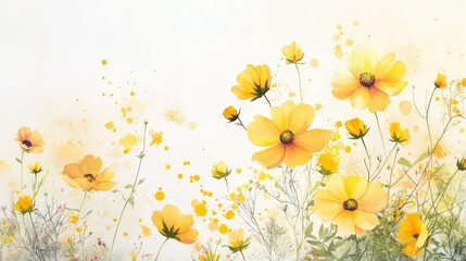 A dreamy mix of yellow cosmos flowers and watercolor pigments on artistic paper