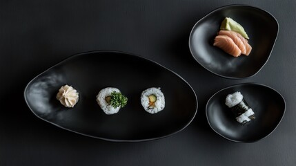 Assorted appetizers on black plates against a dark background arranged diagonally.