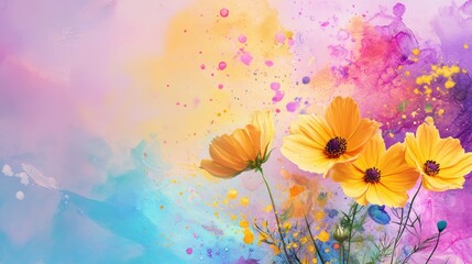 Artistic fusion of yellow cosmos blooms and hand-painted watercolor textures
