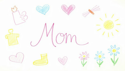 Cute childs drawing illustration with Mom text hearts flowers sun and boot Simple handmade art ideal for Mothers Day cards and love greetings.