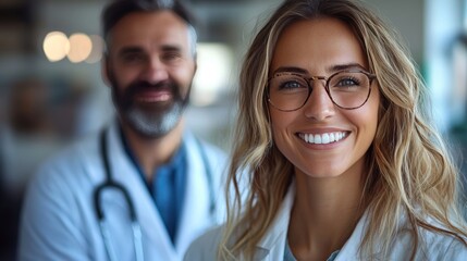 Smiling female doctor with colleague in medical office background in focus..