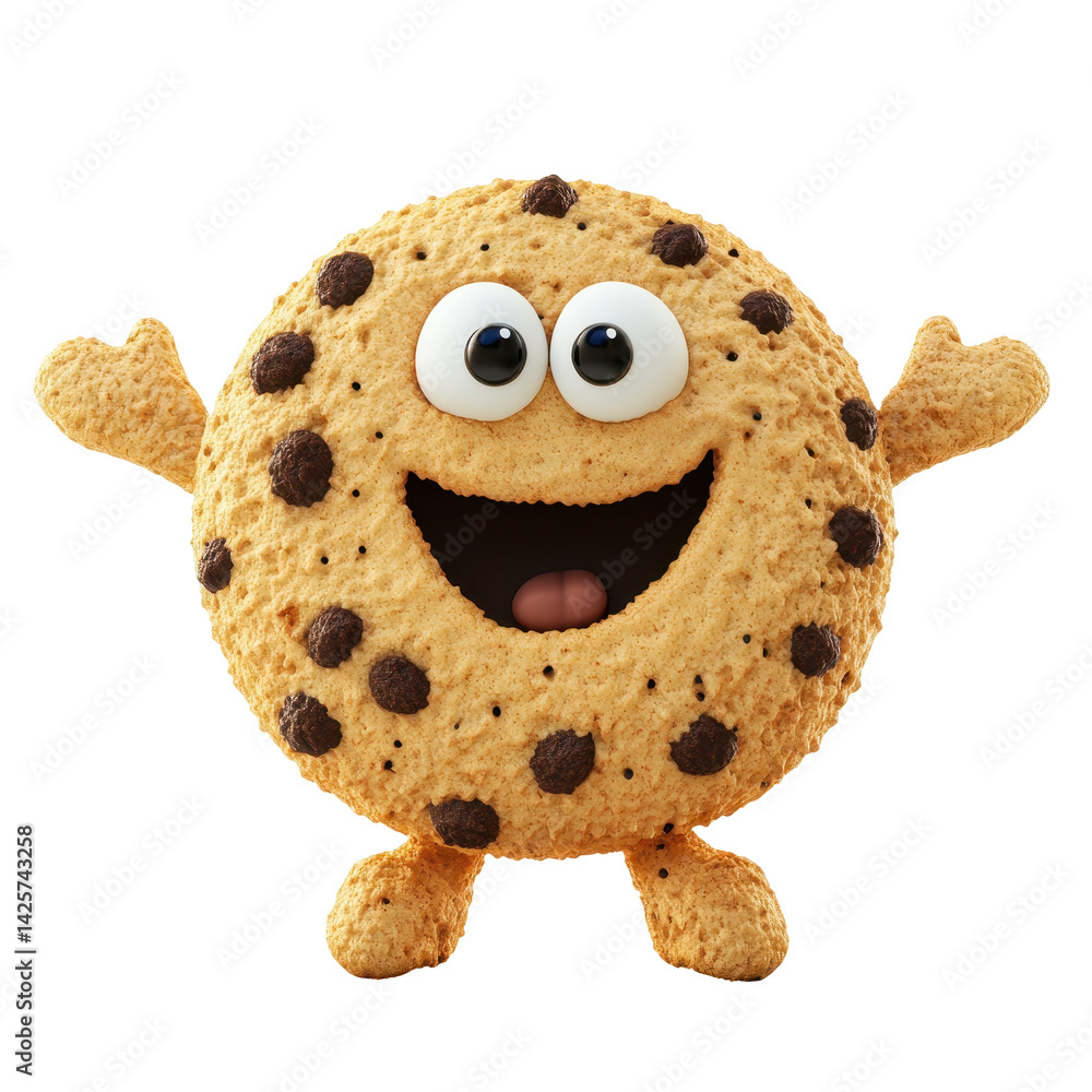 Poster fun and playful cartoon cookie character with big eyes and a cheerful expression in a joyful pose