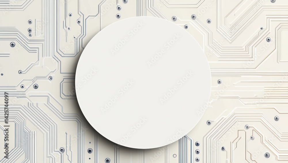 Poster white circle on circuit board background with electronic components and lines.