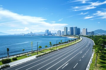 Obraz premium Coastal highway stretches towards a city skyline on a sunny day.