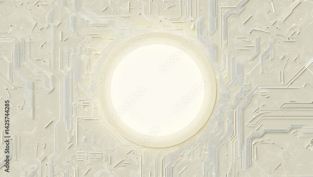 Poster bright white circle on a textured beige background with circuit board pattern.