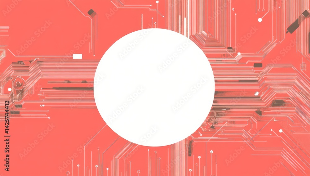 Poster white circle on red background with circuit board pattern and small white dots.