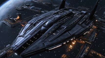 A futuristic spacecraft docked near a vast space station in orbit