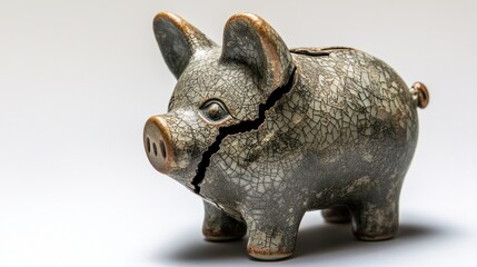 Cracked ceramic piggy bank on white background, symbolizing financial crisis or broken savings.