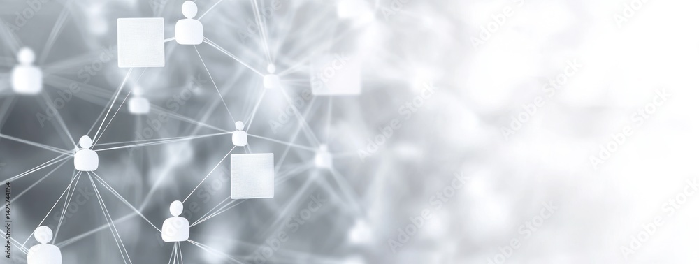 Poster abstract network background with connected people icons and nodes in grayscale.