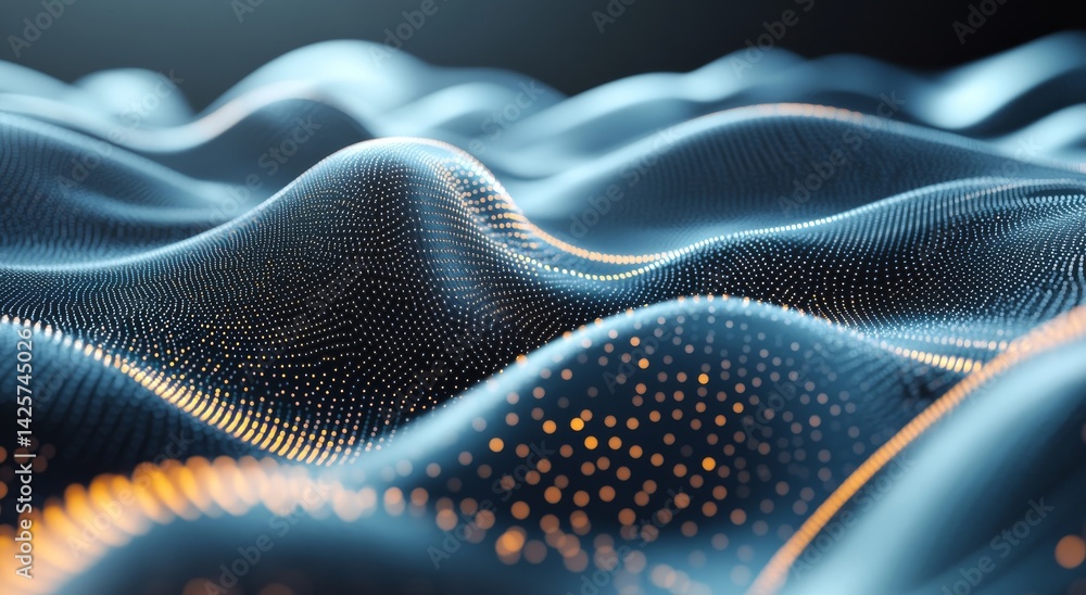 Poster an abstract digital artwork featuring vibrant glowing dots and dynamic wavy lines against a dark, co