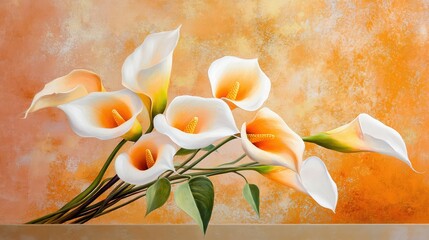 Textured wall background featuring golden calla lilies and artistic stucco stems
