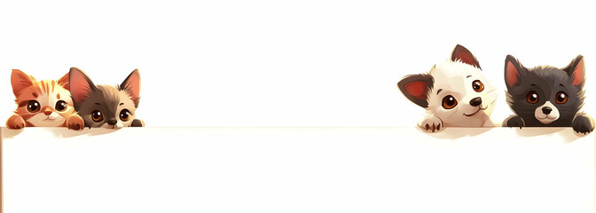 Obraz premium Cartoon Cats and Dogs Holding White Banner