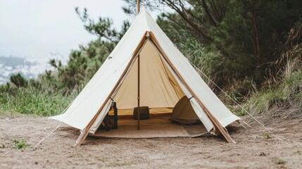 Cream canvas tent pitched on sandy ground near trees.
