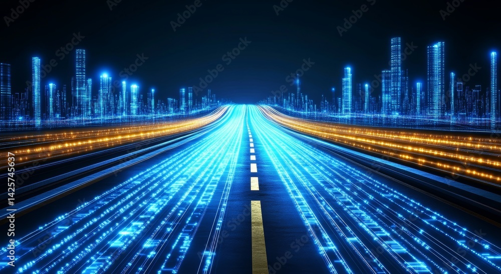 Poster vibrant streams of glowing blue energy intertwine and surge, forming a dynamic visual representation