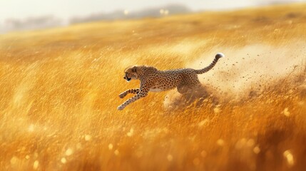 Obraz premium Cheetah Pursuit: A Glimpse of Wildlife Agility across Golden Savannah