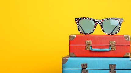 Stacked Suitcases, Sunglasses, Yellow Background